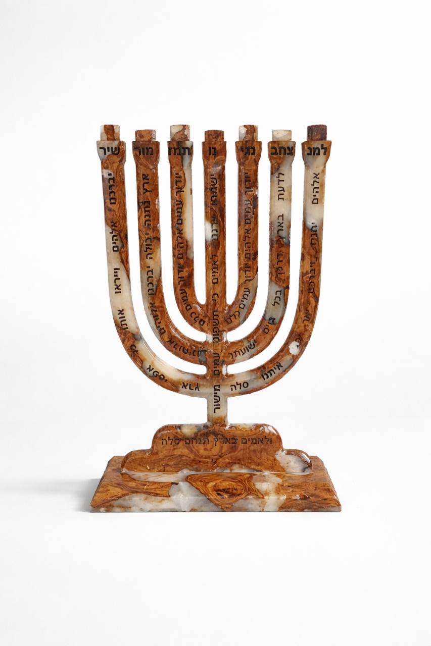 צדה השני של מנורת למנצח הדו־צדדית, מעץ זית ואפוקסי בהיר, עם מזמור ס״ז חרוט ובסיס תואם, על רקע לבן.