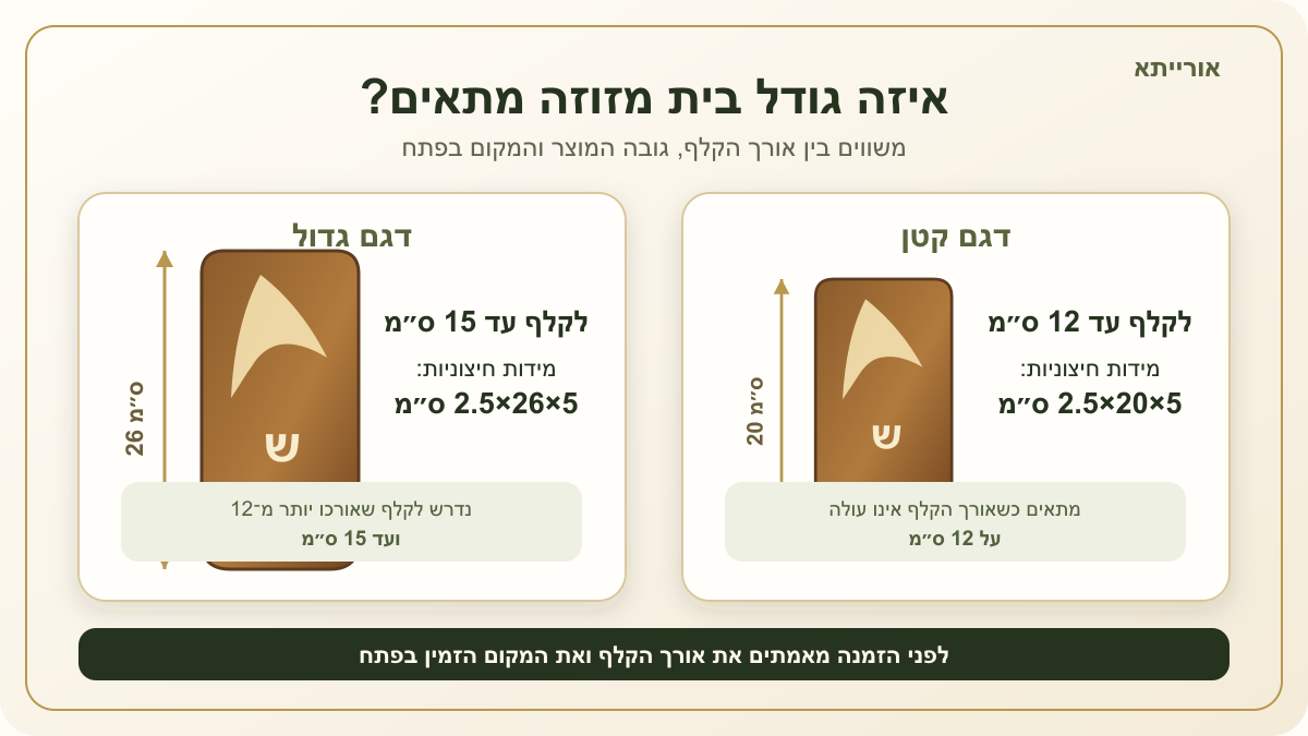 השוואת גודל בית מזוזה 20 ו־26 ס״מ לפי אורך הקלף
